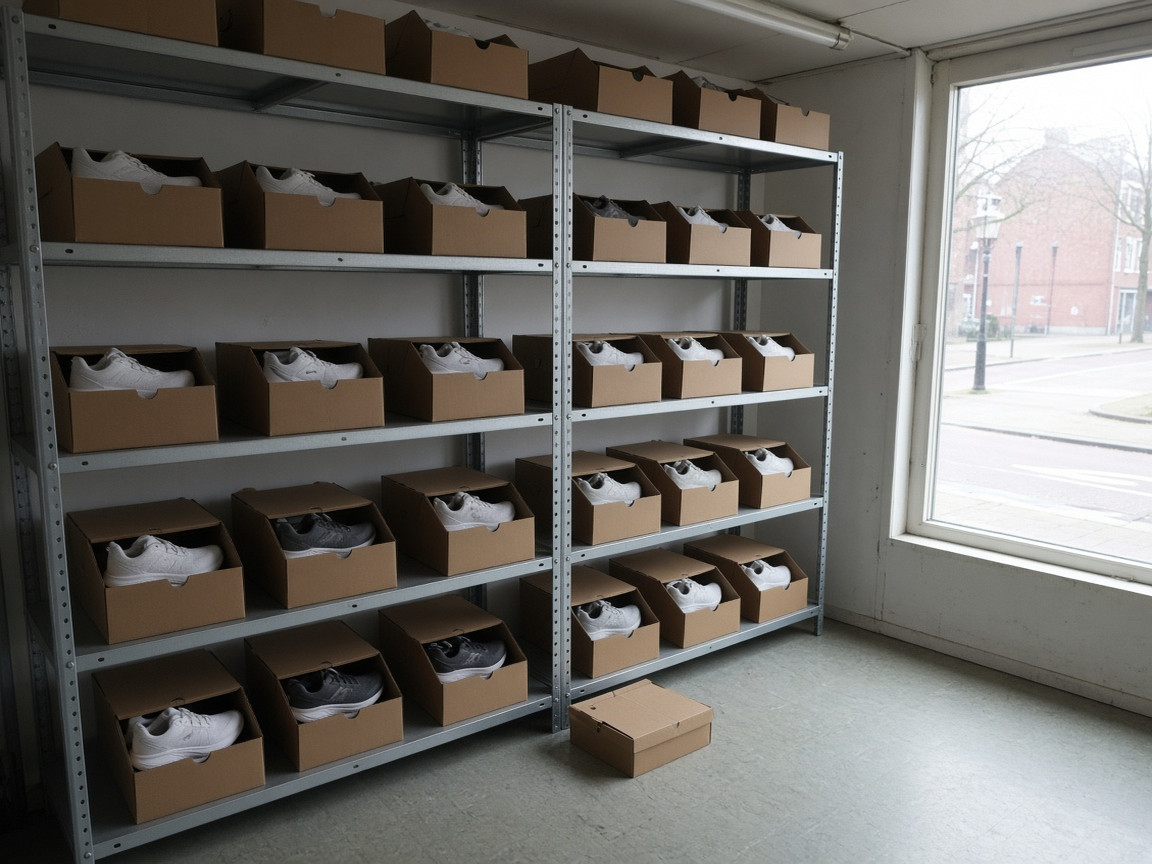 Metalen schappen met open schoenendozen in de sportwinkel