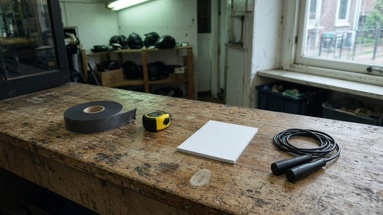 Toonbank met grip tape, rolmaat en een opgerold springtouw